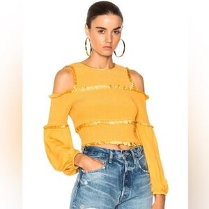 Cinq A Sept Pascal Golden Yellow Cold Shoulder Crop Blouse XS 100% Silk